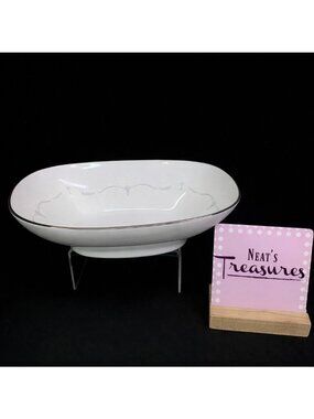 Noritake WHITEBROOK White Flowers Gray Scroll Porcelain Oval 9" Serving Bowl